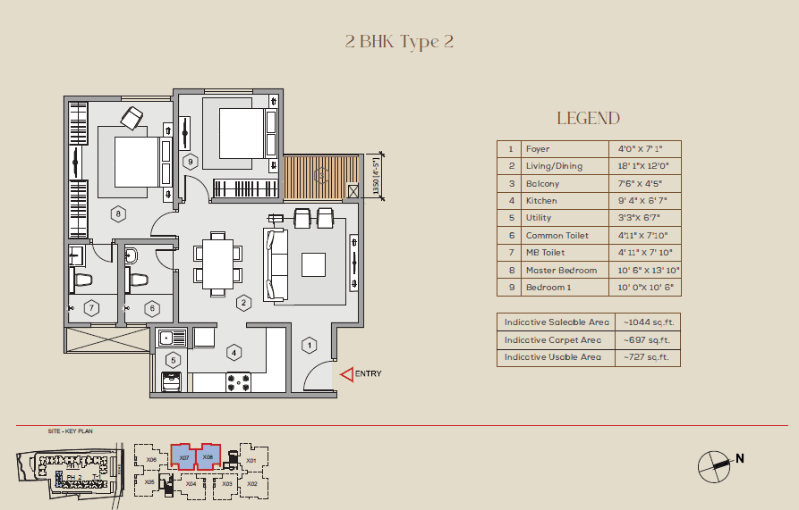 Purva Celestial,Yelahanka,Bengaluru- 2BHK Floor Plan