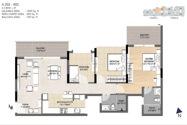 DNR Spring Leaf,Koramangala,Bengaluru- 2.5BHK Floor Plan