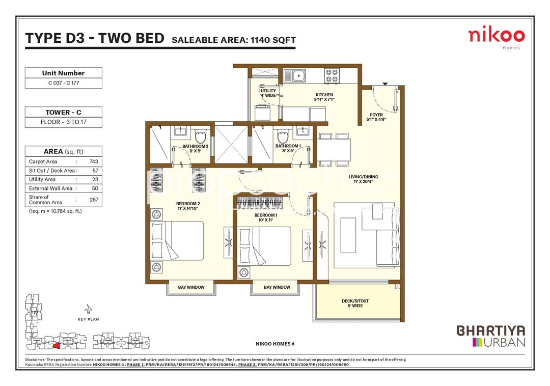 Nikoo Homes VI,Kogilu,Bengaluru- 2BHK Floor Plan