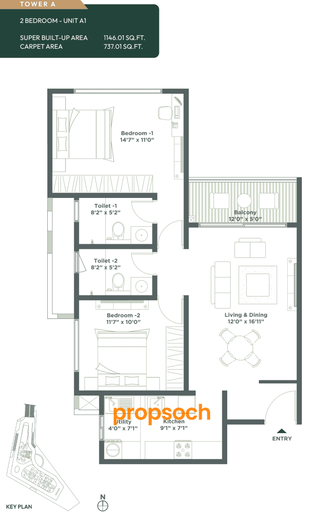 Embassy East Avenue,ITPL,Bengaluru- 2BHK Floor Plan