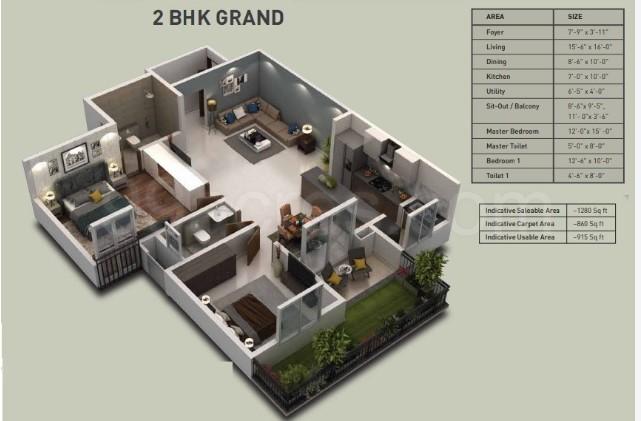 Purva Zenium 1,Yelahanka,Bengaluru- 2BHK Floor Plan